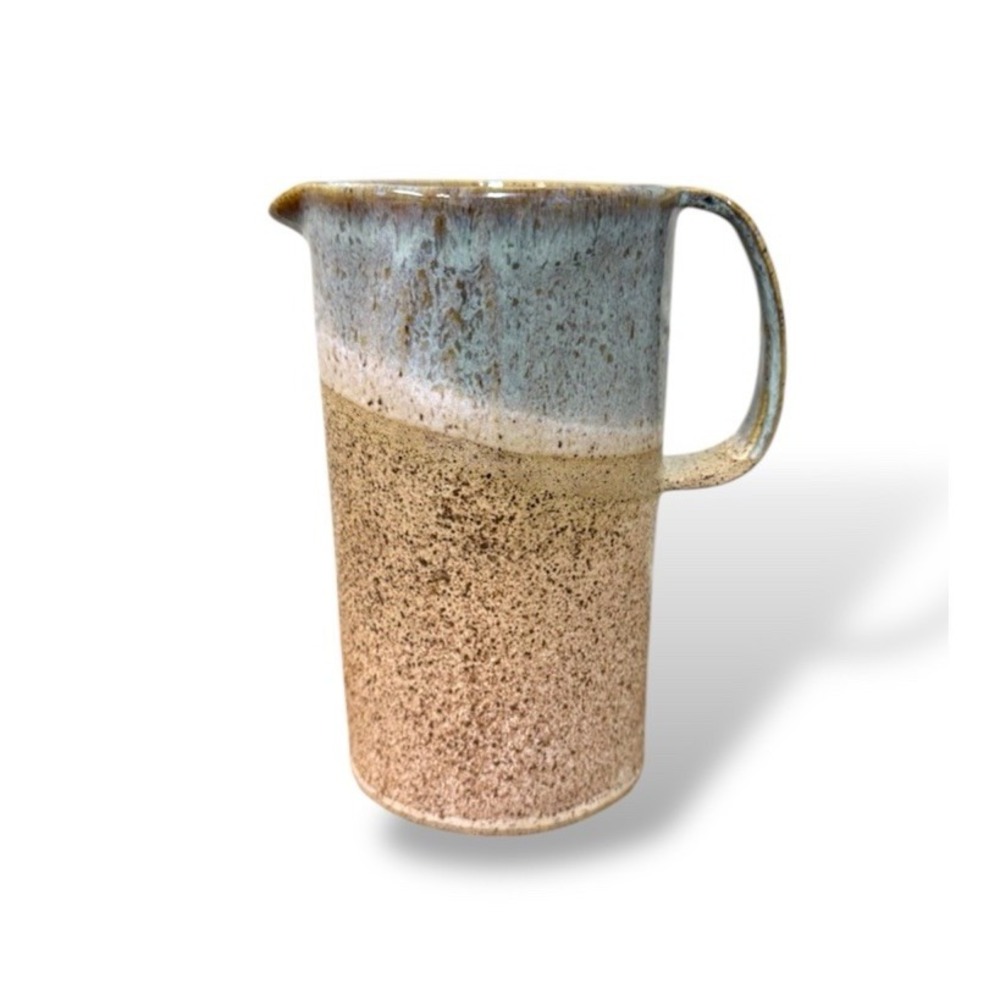 Studio Art Pottery Pitcher Speckled Blue Green Tan 7.5" Signed Salt Glazed Drip
